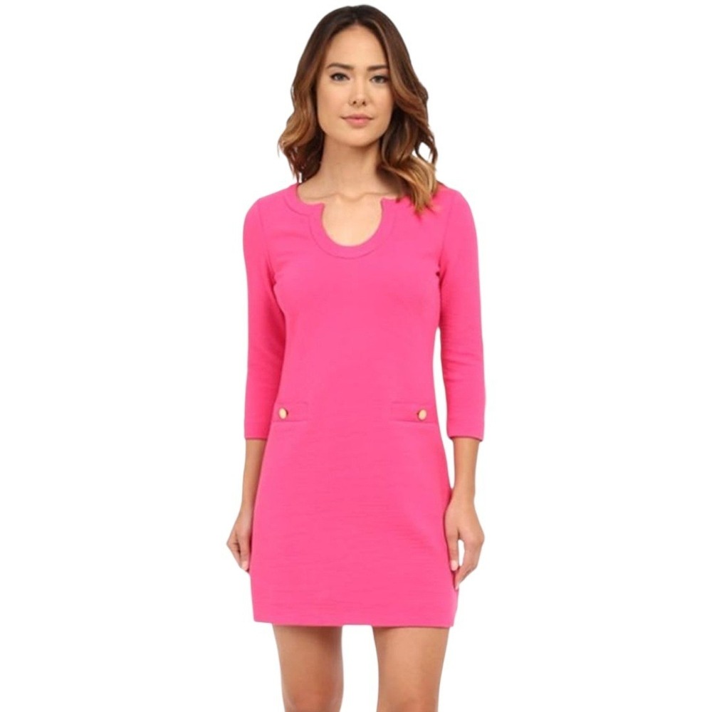 Lilly Pulitzer Pink Stretch Knit Lina Shift Dress Gold Button Pockets XS